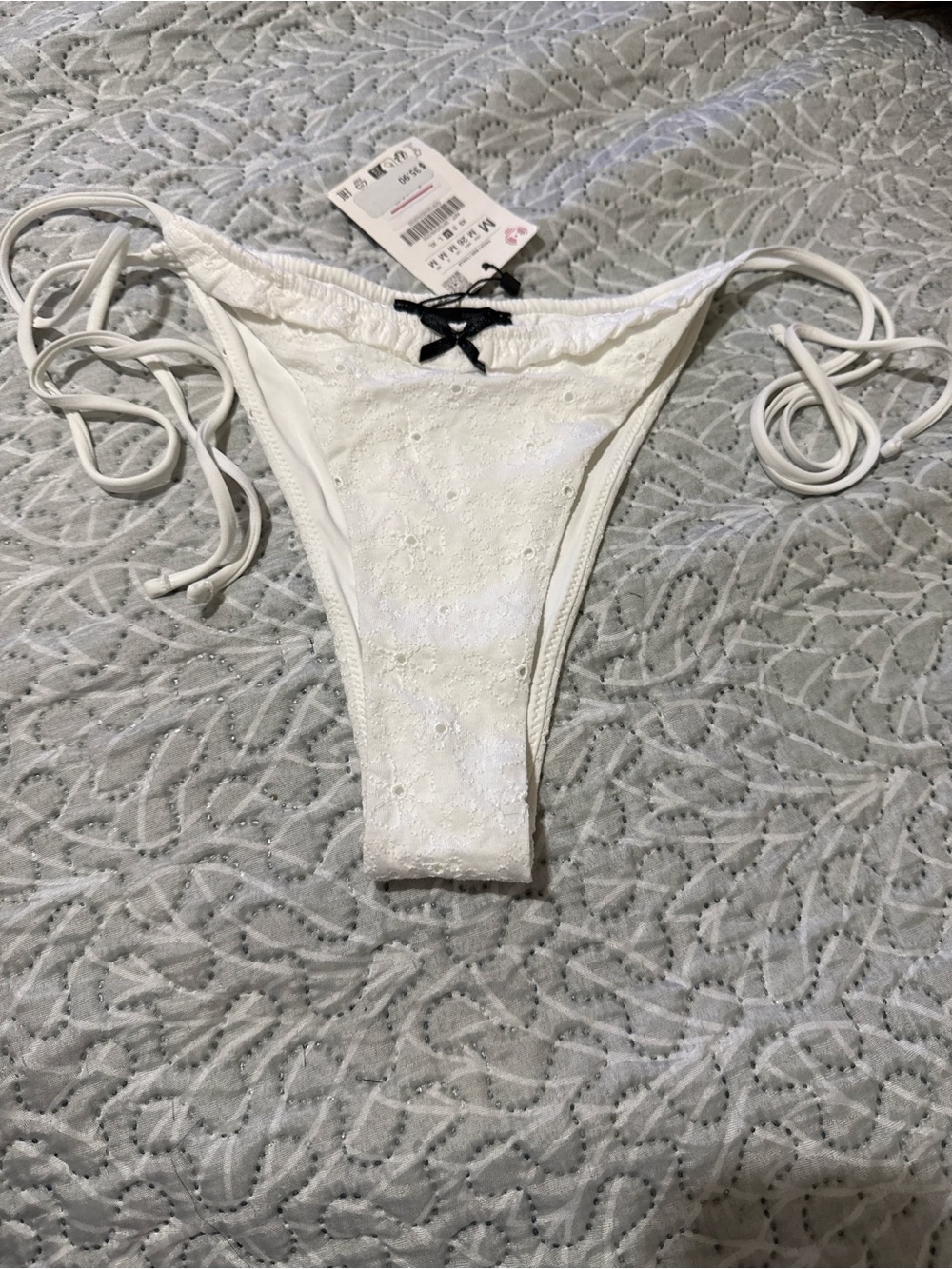 Zara White Lace Side-Tie Bikini Bottom with Black Bow